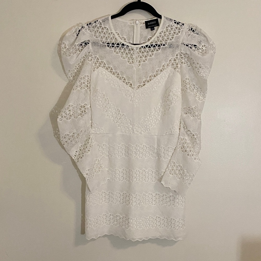 Bardot Lana Lace Dress White Mini Bridal Puff Sleeve Size Small